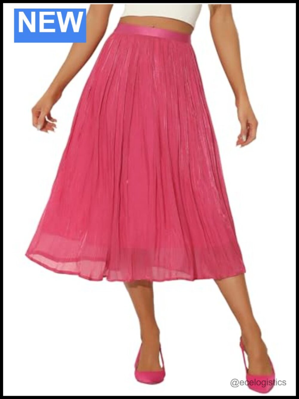 High Elastic Waist A-Line Swing Pleated Midi Skirt 100% Polyester